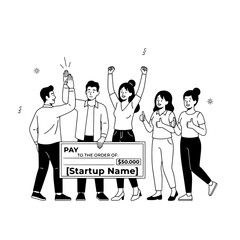 Diverse enthusiastic startup team celebrating a significant financial investment with a large check in a joyful professional setting