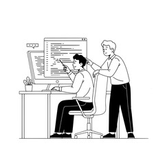 Two young male developers collaborate on a programming project reviewing code on a desktop computer in a modern office workspace