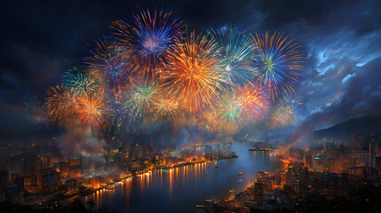 Joyful faces illuminated by colorful fireworks over night city 