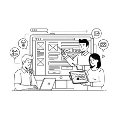 Collaborative design experts discussing user interface wireframe concepts on a large monitor in an interactive digital workspace showcasing technology tools and conceptual icons