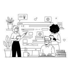 Diverse professional team collaborating on a digital project in a modern office with a computer screen and potted plants symbolizing innovation