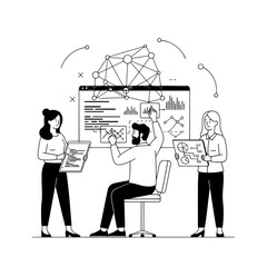 A team of business colleagues collaborating on a modern digital interface displaying data analysis and network connections illustrating teamwork and technological insight