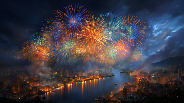 Joyful faces illuminated by colorful fireworks over night city - Powered by Adobe