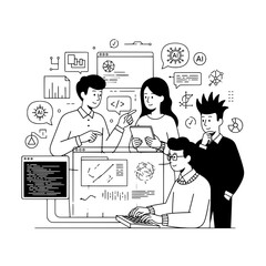 Diverse tech team collaboratively developing AI and data solutions at a modern workstation with digital interfaces programming highlighting advanced software development