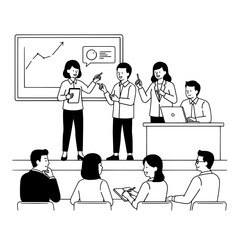 Diverse business professionals actively engaging in a strategic presentation analyzing growth data on a whiteboard within a modern conference room