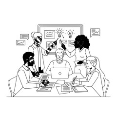 Diverse creative business professionals brainstorming ideas collaborating and discussing strategies in a modern office meeting room with whiteboard charts documents and a laptop