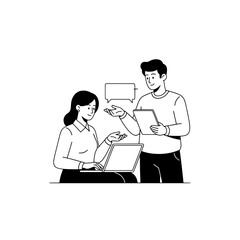 Diverse business professionals collaborating on project ideas in a modern office using a laptop and tablet