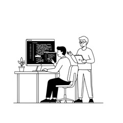 Two professional male software engineers collaborate coding on a computer at a modern office desk with a plant