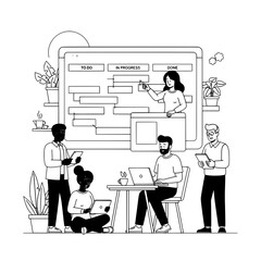 Diverse business professionals collaboratively managing project tasks on a large kanban board interface in a modern office environment showcasing efficient digital workflow productivity