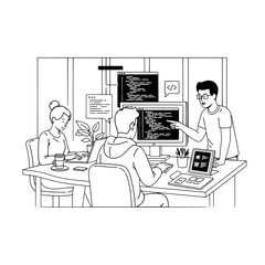 Young software developers are actively collaborating and coding on multiple computer screens in a modern tech office environment