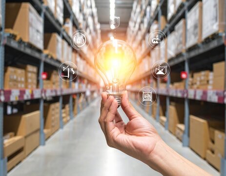 Innovation in Logistics: Hand Holding an Illuminated Lightbulb with Connected Icons in a Modern Warehouse Aisle - Powered by Adobe