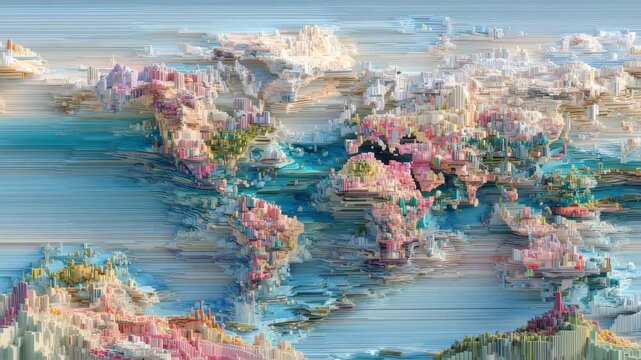 Colorful abstract representation of a world map made with digital art techniques, showcasing vibrant landscapes and imaginative landforms