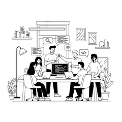 Professional software developers actively collaborating coding on laptops computers in a modern office workspace focused on innovative programming technology