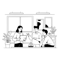 Three diverse professionals engaging in a collaborative tablet presentation discussion within a bright modern office workspace