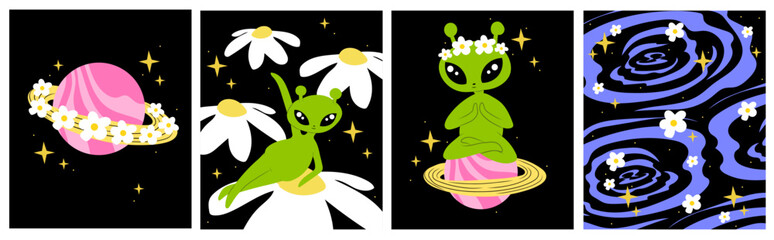 Cute, Sassy, and Hippy Alien Meditating On Planet. Greeting Card, Banner, Poster, Cover Templates