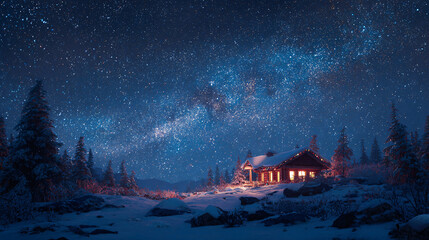 Christmas night with glowing cabin under stars