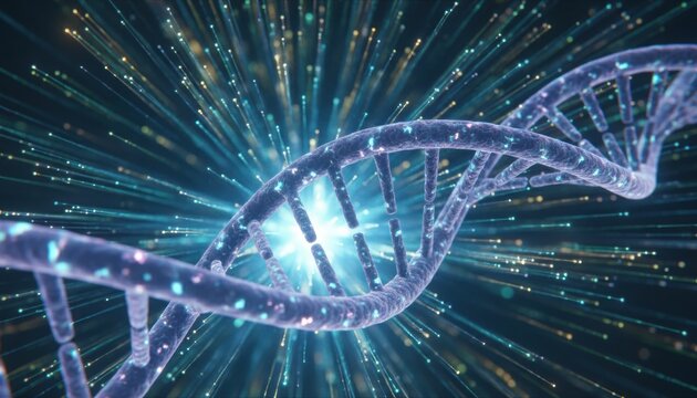 DNA helix glowing in digital light representing biotechnology innovation and genetic research advancements shaping the future of medicine and life sciences