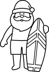 Beach Santa Claus outline vector illustration isolated.
Summer Santa line art Christmas design.
Tropical Christmas Santa Claus drawing.
Santa Claus with a surfboard.