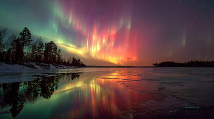 Christmas northern lights reflected on ice lake 