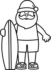 Beach Santa Claus outline vector illustration isolated.
Summer Santa line art Christmas design.
Tropical Christmas Santa Claus drawing.
Santa Claus with a surfboard.