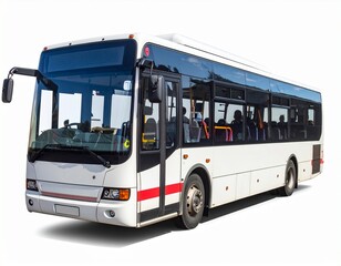Modern White City Transit Bus or Coach Bus with Red Stripe, Isolated on a Clean White Background