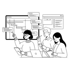 Diverse professional team actively collaborating discussing project management timeline with chat messages in a modern office