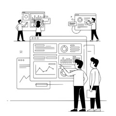A team of business professionals analyze multiple digital dashboards displaying charts and graphs in a modern data management illustration
