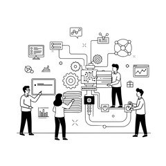 Business team building optimizing and analyzing a vast data processing system within an intricate digital infrastructure display