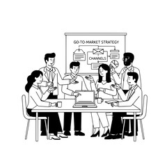 Diverse business professionals collaborating on a go-to-market strategy in a modern office meeting room with a laptop and whiteboard