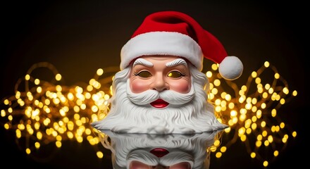 Santa claus mask with christmas lights reflecting on a shiny black surface