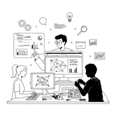 Diverse tech team analyzing data coding and assembling hardware in a modern workspace with computers and circuits symbolizing digital innovation