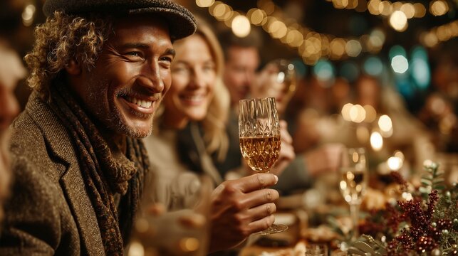 Stylish laughing senior man holding a glass of champagne at a festive gathering with a warm atmosphere. Vintage style - Powered by Adobe