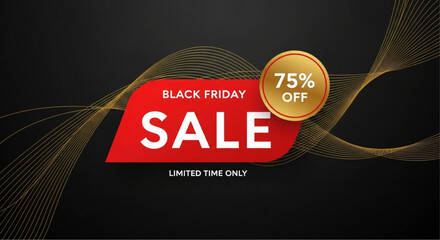 A striking Black Friday sale advertisement, with an elegant design featuring flowing gold accents, and a bold red banner to emphasize the discount. vector illustration