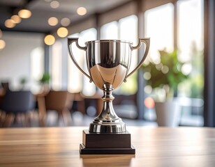 Corporate Success Trophy on a Wooden Desk in a Modern Office with Panoramic City View at Sunset