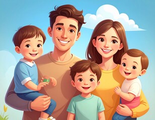 Happy Cartoon Family Portrait: Two Parents and Three Young Children Smiling on a Light Blue Background