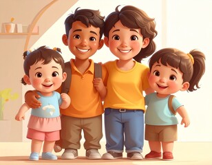 Happy Cartoon Family Portrait: Two Parents and Three Young Children Smiling on a Light Blue Background
