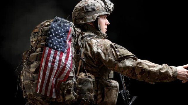 Soldier with American flag patch on backpack stands in formation during military training session at dusk