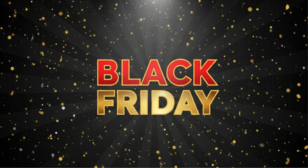 Captivating 'Black Friday' visual announcement, with gold lettering on a backdrop of falling confetti creating a striking message. vector illustration