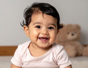 Cute baby laughing, happy and playful, close-up portrait, adorable expression