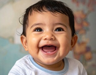 Cute baby laughing, happy and playful, close-up portrait, adorable expression