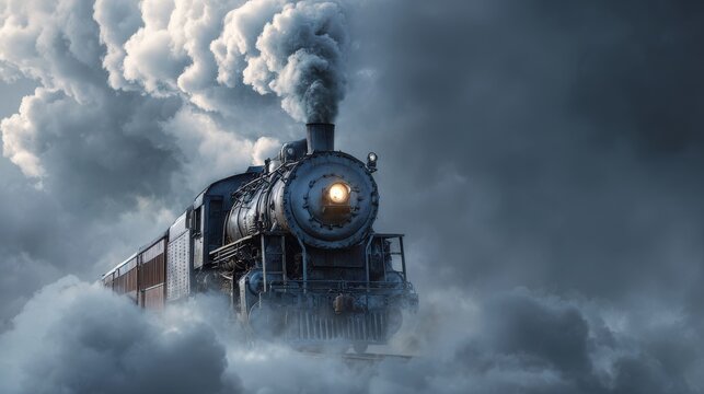 Stunning photo of dramatic front view of a vintage steam train chugging through billowing clouds of smoke, evoking a sense of nostalgia and adventure.