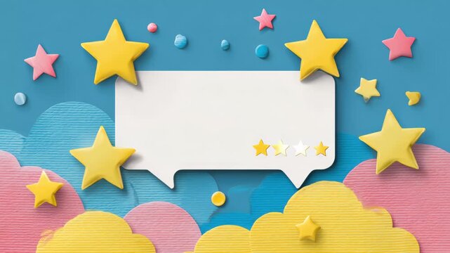 Colorful stars and speech bubbles creating a cheerful feedback design for reviews and ratings