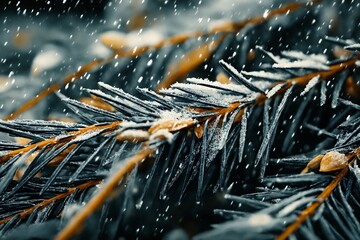 Frozen fir needle with snow closeup dramatic winter pine macro branch