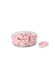 Circular container filled with pink cookies