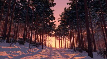 Christmas peaceful pine woods at sunset 