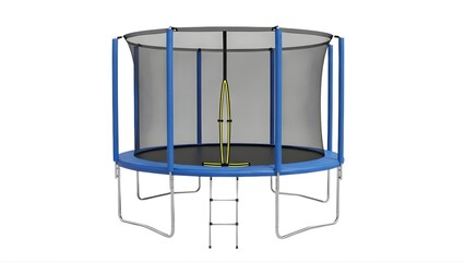 Round blue trampoline with safety net and ladder for kids backyard outdoor exercise and family fun 10ft on transparent background