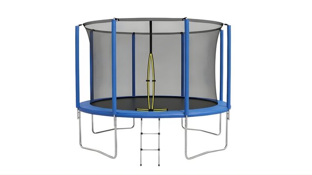 Round blue trampoline with safety net and ladder for kids backyard outdoor exercise and family fun 10ft on transparent background