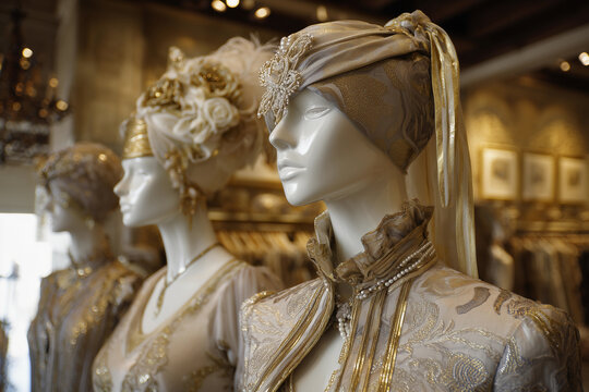 Boutique display featuring stylish mannequins adorned in metallic gold accents showcasing the latest fashion trends for 2026