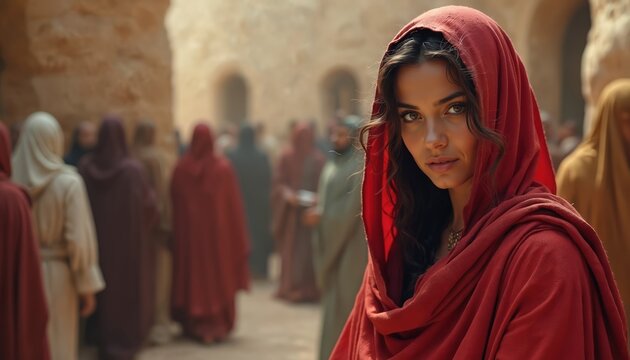 A beautiful woman in a red hood portrays the biblical character Rahab. She stands on a street in an ancient city. This scene illustrates an Old Testament story of faith, salvation and courage.