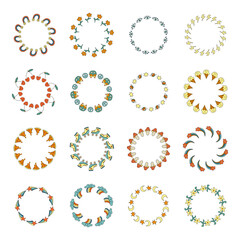 Set of cute round frames with doodle groovy icons isolated on white background.